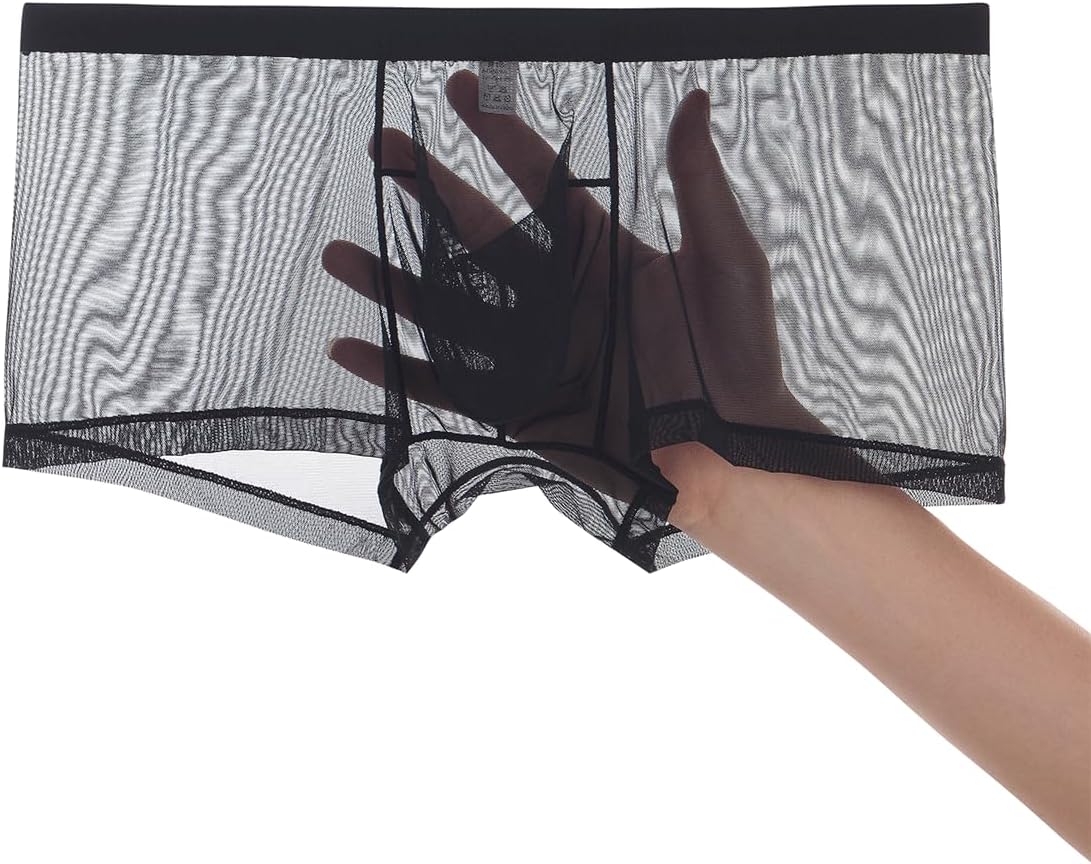 Mens Sexy See Through Underwear Ice Silk Mesh Boxer Briefs Breathable Bulge Pouch
