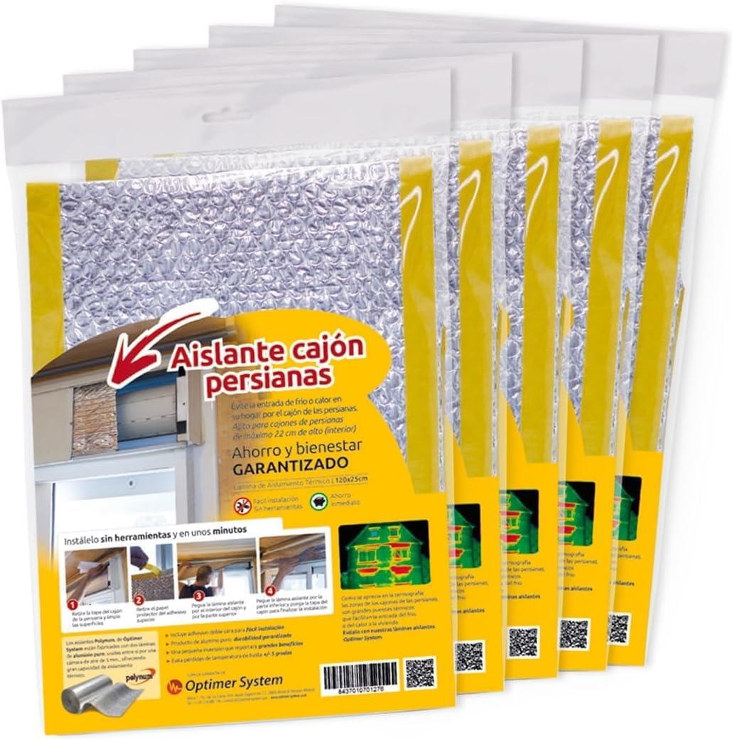 AISLANTE PERSIANAS CAJÓN CON AUTOADHESIVO | Evite la entrada de Frio o Calor por el cajón de las persianas | Se Instala sin Herramientas | 1.20m largo x 0.25 alto | 100% ALUMINIO (Pack de 5 unidades)