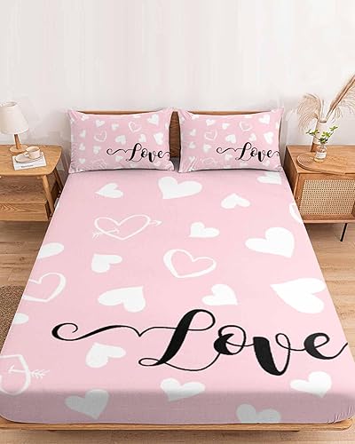 Miniatura 3 de Juego de sábanas bajeras para el día de San Valentín, tamaño Queen, 3 piezas con funda de almohada, juego de sábanas de microfibra suave con