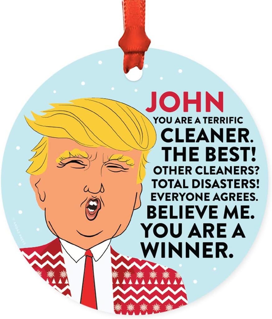 Andaz Press Personalized Name Round Natural Wood MDF Funny Keepsake President Donald Trump Sweater Christmas Tree Ornament, You are a Terrific Cleaner, 1-Pack, Custom Birthday Ideas
