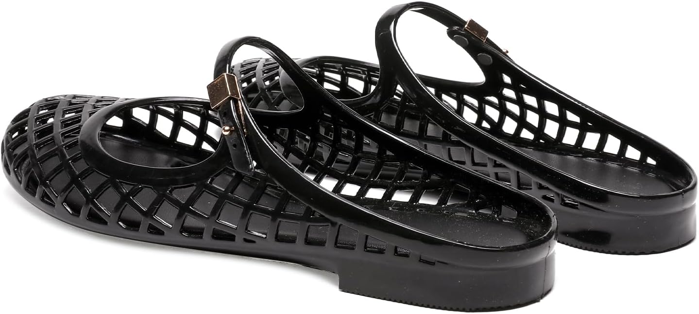 Clear Jelly Slide Sandals for Women Slip On Closed Round Toe Mesh Hollow Flat Mary Jane Mules Beach Jellies Comfortable Buckle Strap Slippers Shoes - Image 4