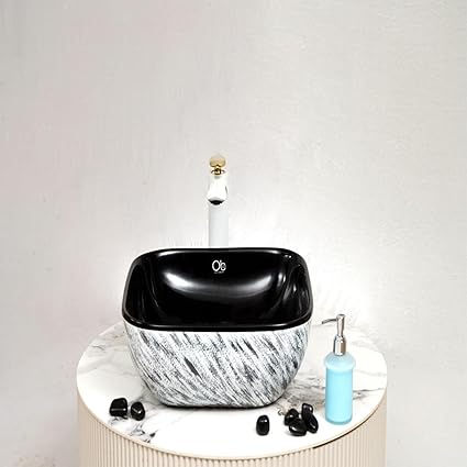 OBCO Designer Ceramic Table Top wash basin 16 x 16 x 5 Inch/Black & White designer,GLOSSY FINISH
