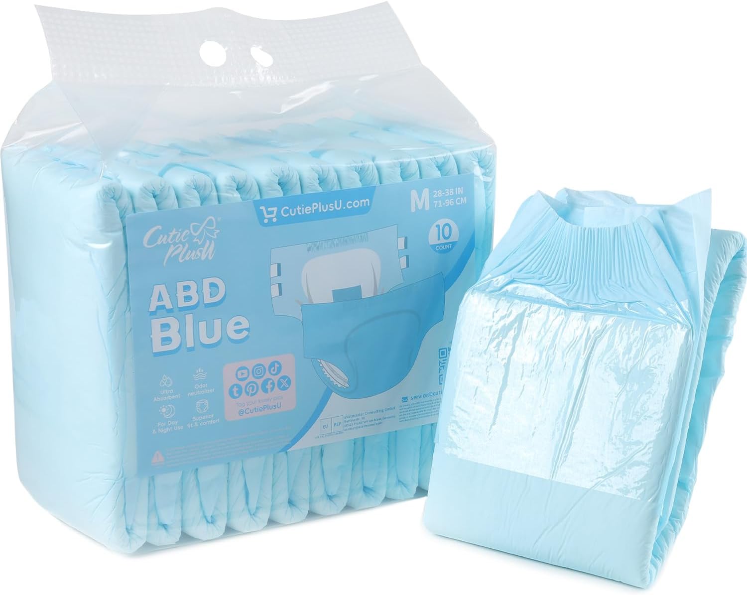 CutiePlusU Disposable Adult Diaper Heavy Absorption Dry Surface Adult Diapers All Night- Blue 10 Pieces (Medium 28"-38") Blue Medium