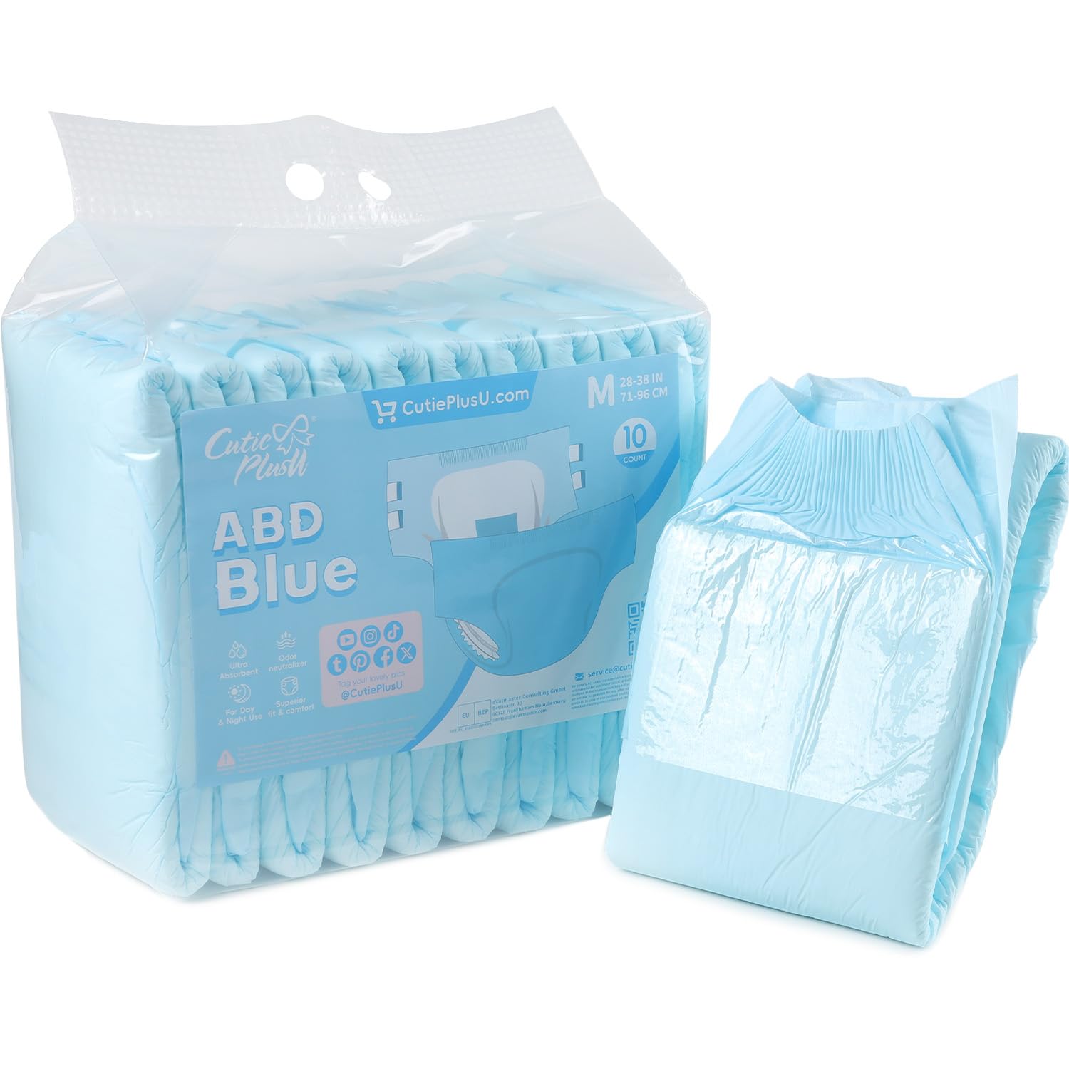 CutiePlusU Disposable Adult Diaper Heavy Absorption Dry Surface Adult Diapers All Night- Blue 10 Pieces (Medium 28"-38")
