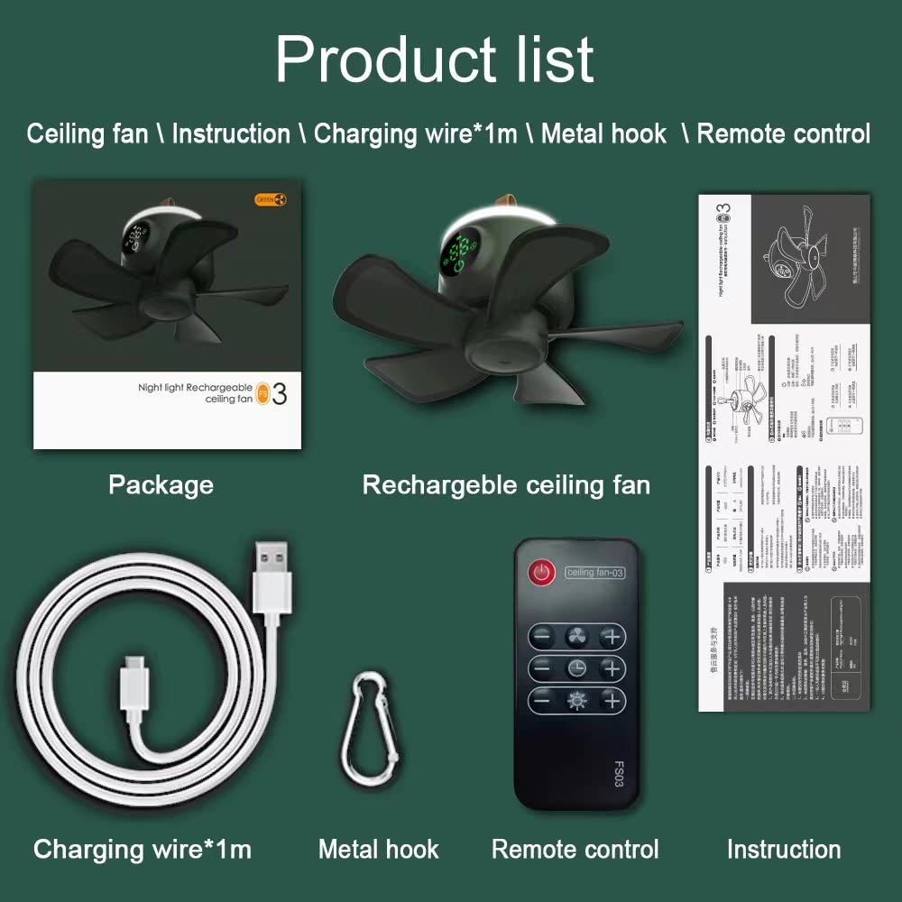 VVU&CCO Portable Camping Fan with Lantern Light-8.3 inch Diameter, MINI USB Rechargable Battery Operated Tent Fans, Samll Portable Celling fan, Hanging Fan Hook Used for Home, Office, Outdoor