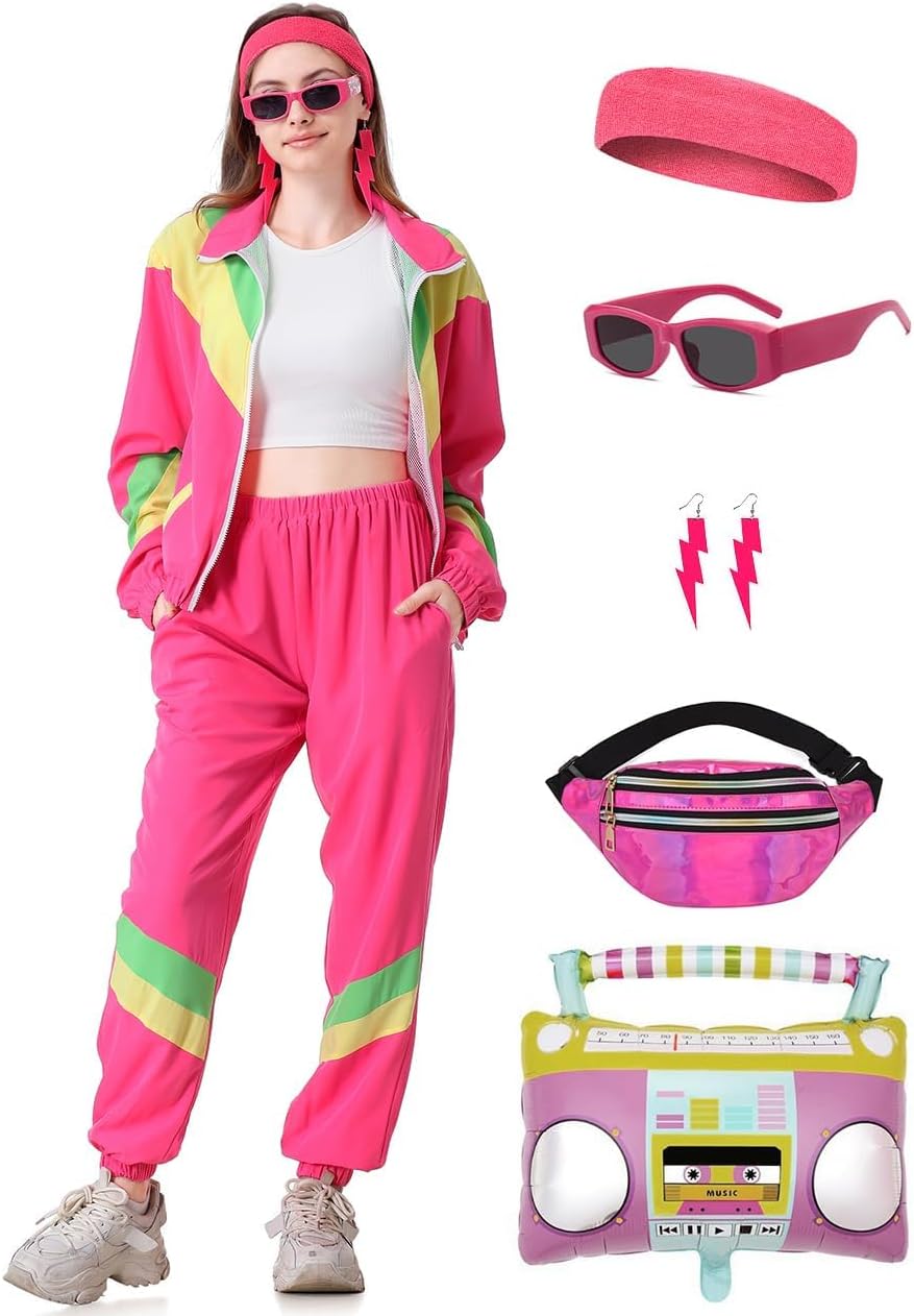 80s Tracksuit for Women Retro Windbreaker Outfit 90s Color Block Sportswear Set with Jacket Sweatpants
