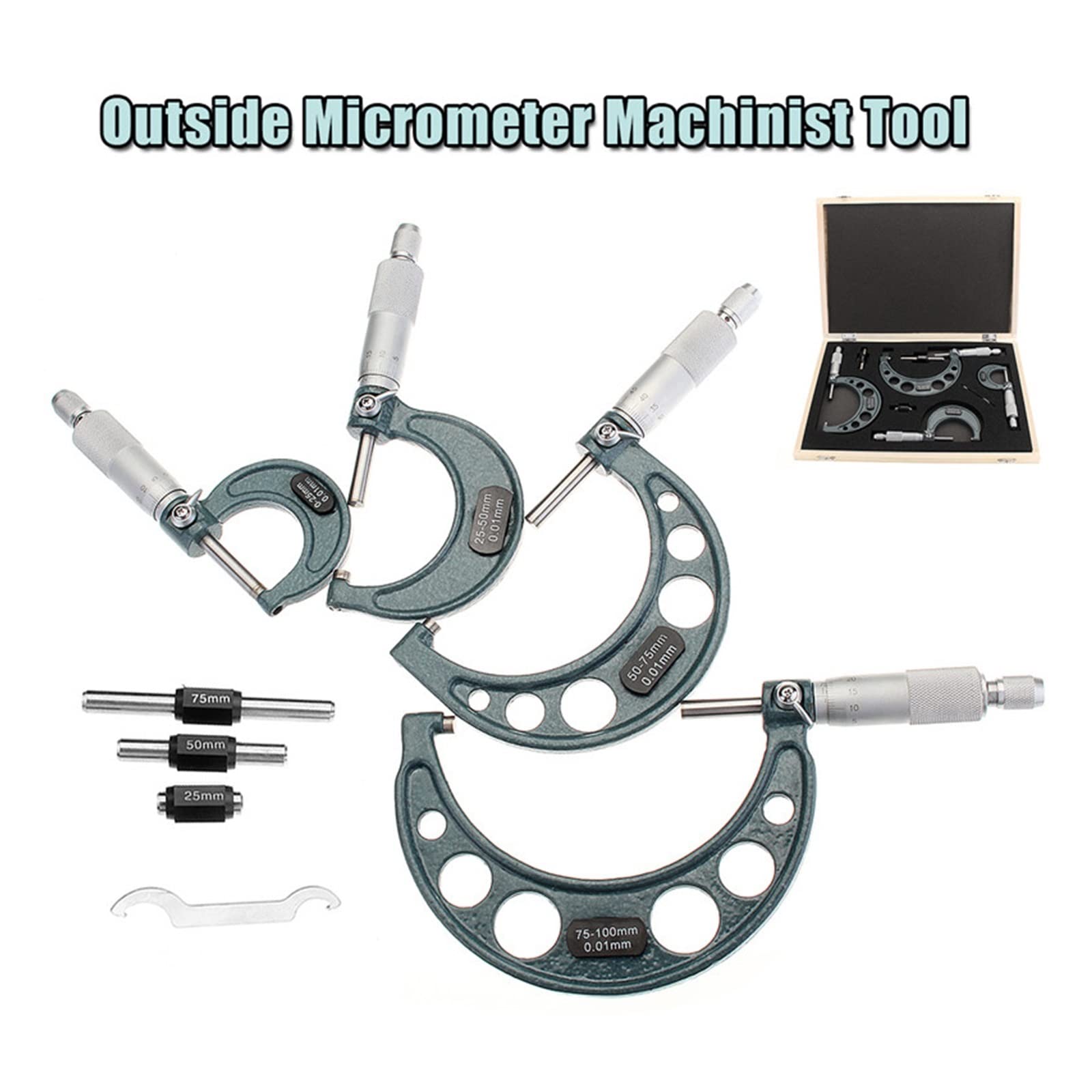 Micrómetro, 4pcs Fuera de micrómetro Set Machinist Tool 0-4 "0-100 mm 4 Precisión 0.01 Carbide Micromse
