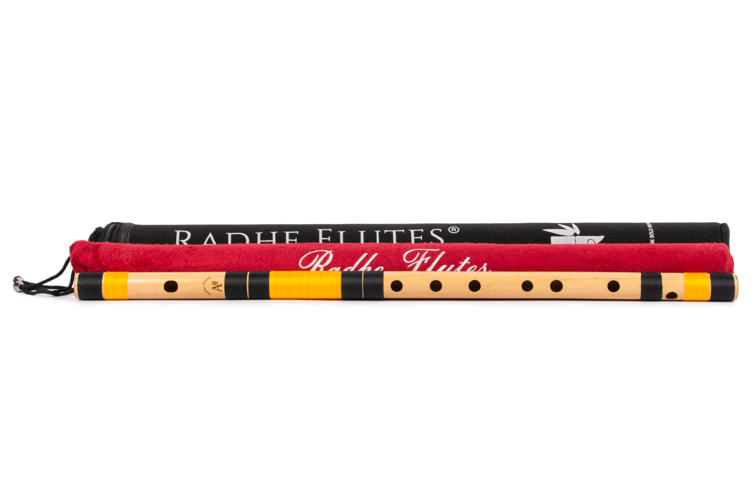 Radhe Flutes Bansuri professionale in bambù, affilato, per destrorsi, base ottava, copertina rigida + copertura in velluto e tubo di carta, nero e arancione, fatto a mano da Tej Sharma