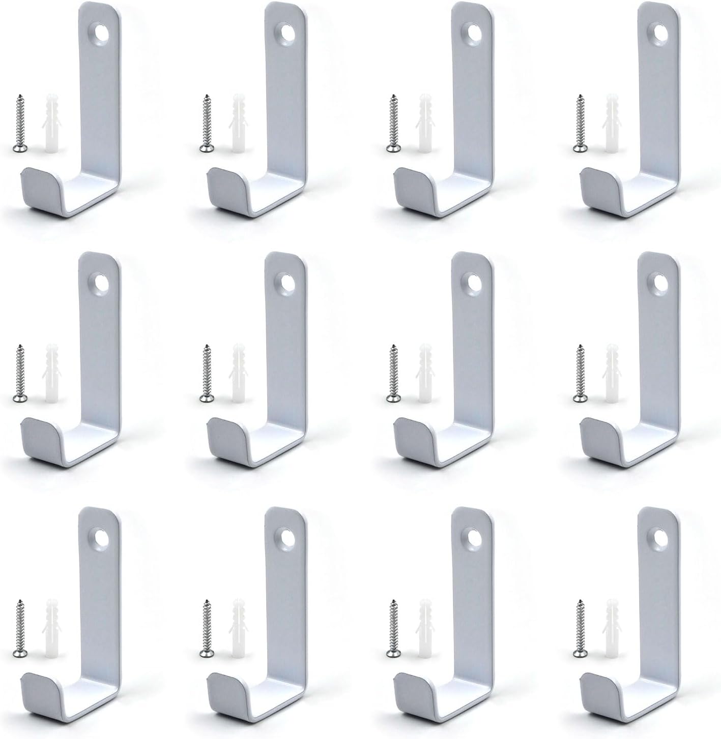 (12 Pack) Heavy Duty Steel Wall J Hooks with Double Hole Screws Stronger Installation for Hanging Home, Office, Garage, Bathroom, Dressing Rooms, Wall-Mounted Coat Racks (White-Single Hole)