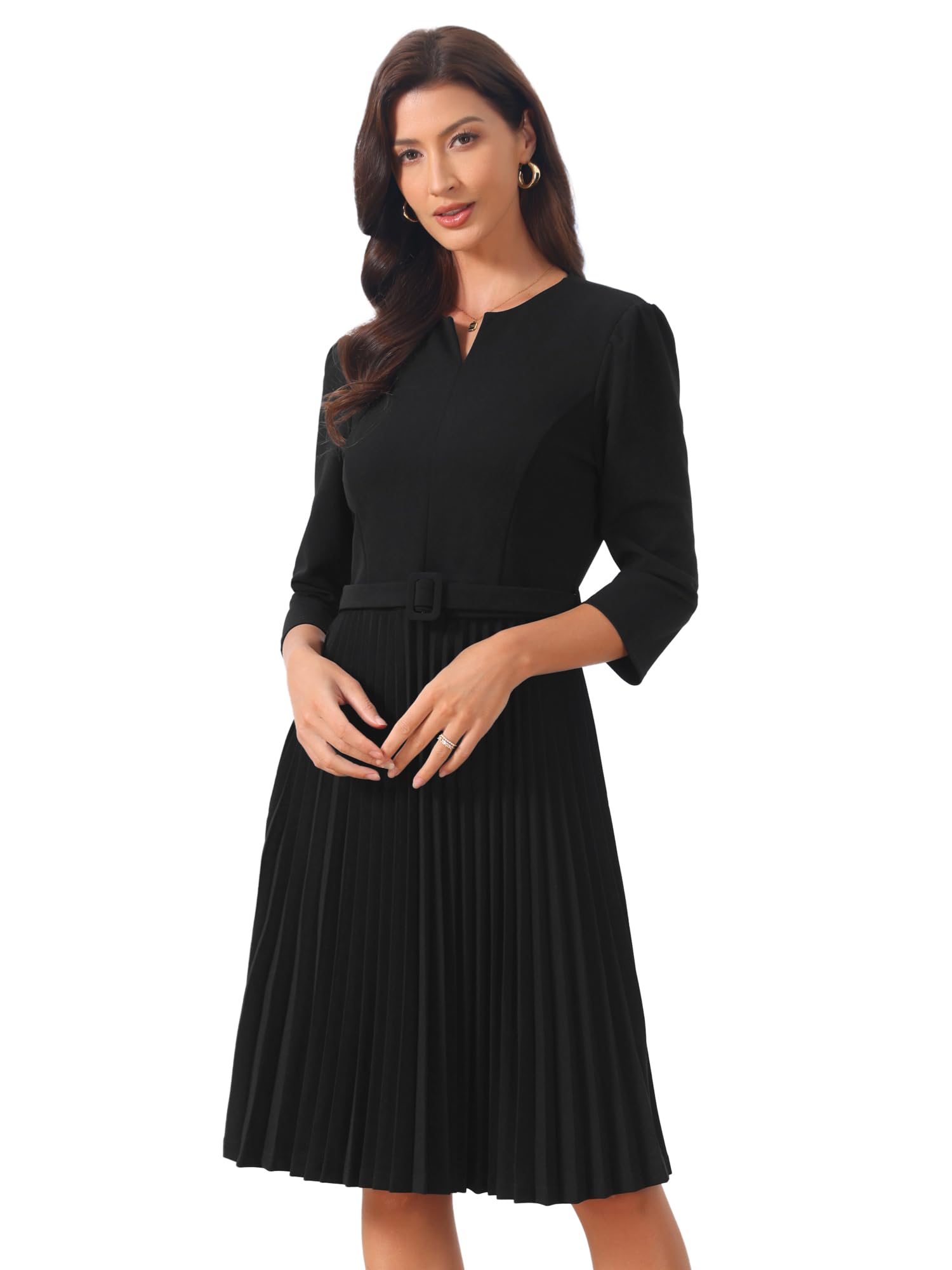 Hobemty Mujer Vestido Elegante Plisado Escote en V Manga 3/4 Cinturón 2026