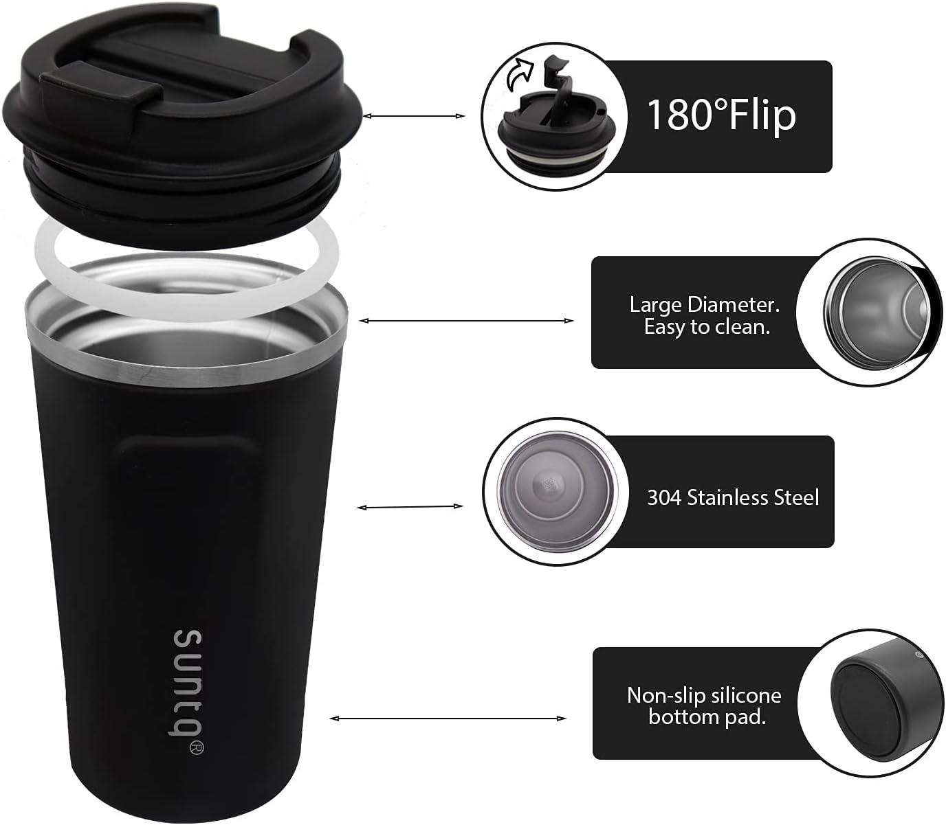 SUNTQ Reusable Coffee Cups Travel, Coffee Travel Mug with Leakproof Lid, Thermal Mug Insulated Cup - Image 4