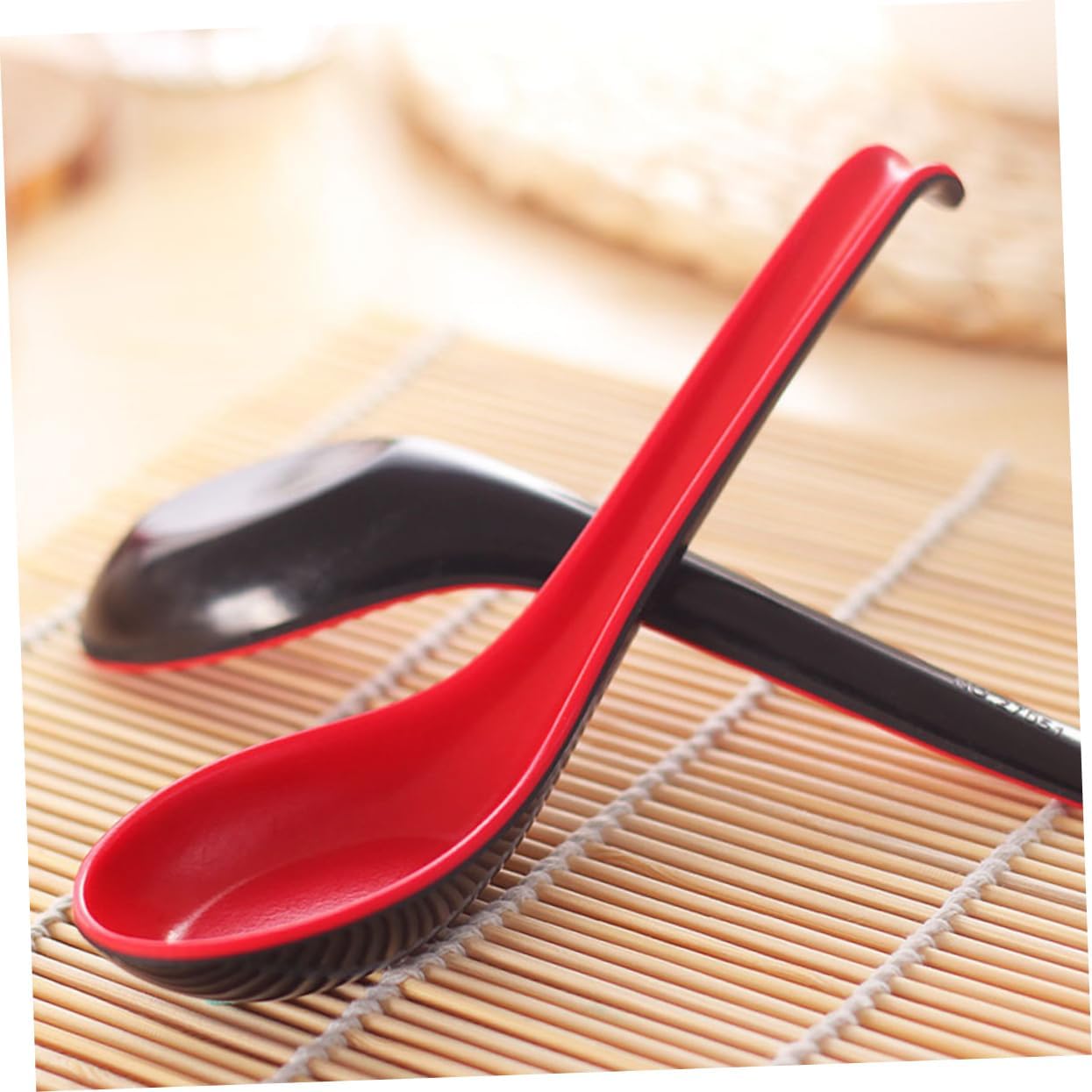 SHOWERORO 6pcs Handle Soup Spoons Black Red Tasting Utensils for Asian Dishes Dishwasher Safe for Home Restaurant Catering Use