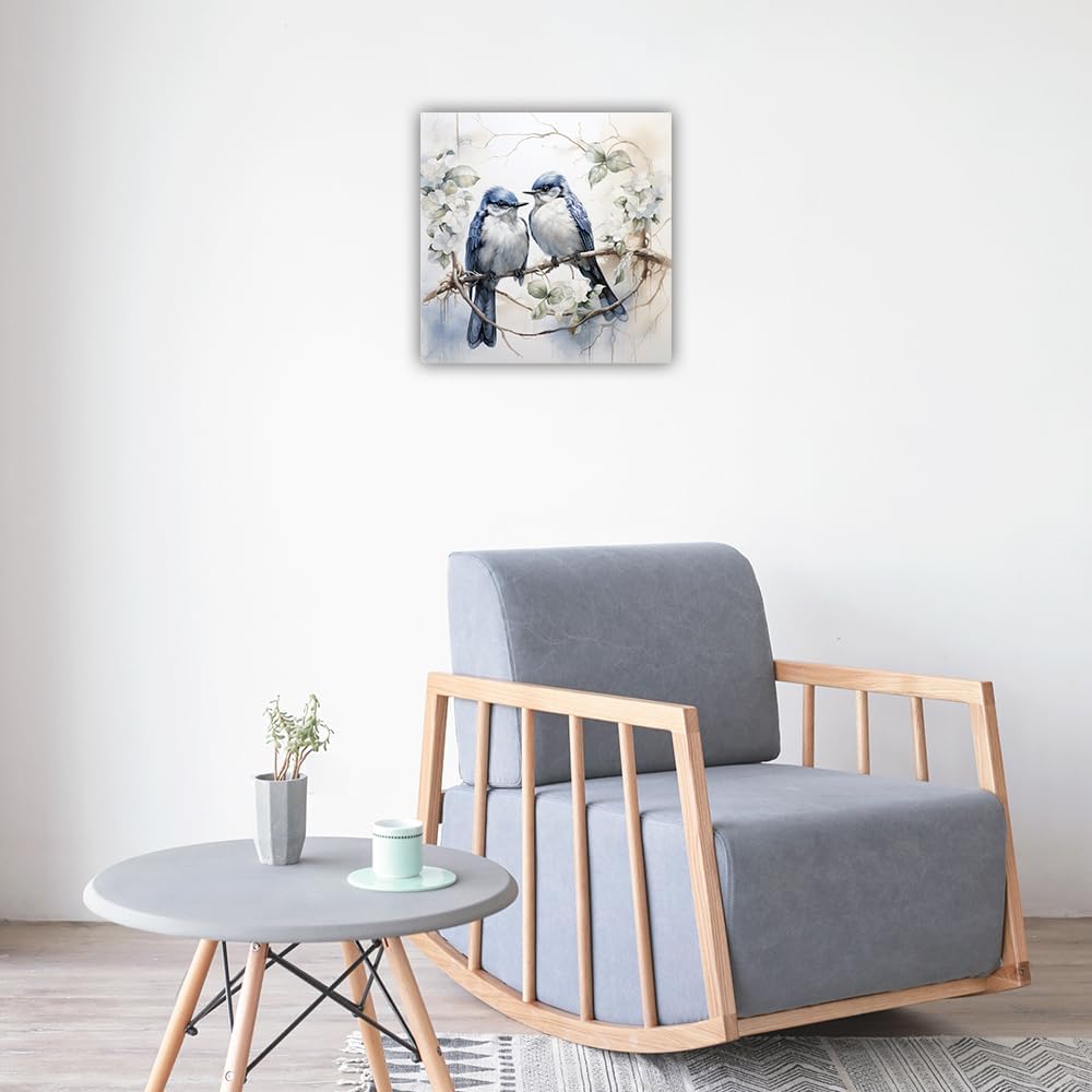 LURENCZH Bird Canvas Wall Art Blue Birds on Branch Picture Print Couple Birds Paintings for Living Room Bedroom Decor Framed Ready to Hang(Bird-3,16.00" x 16.00")