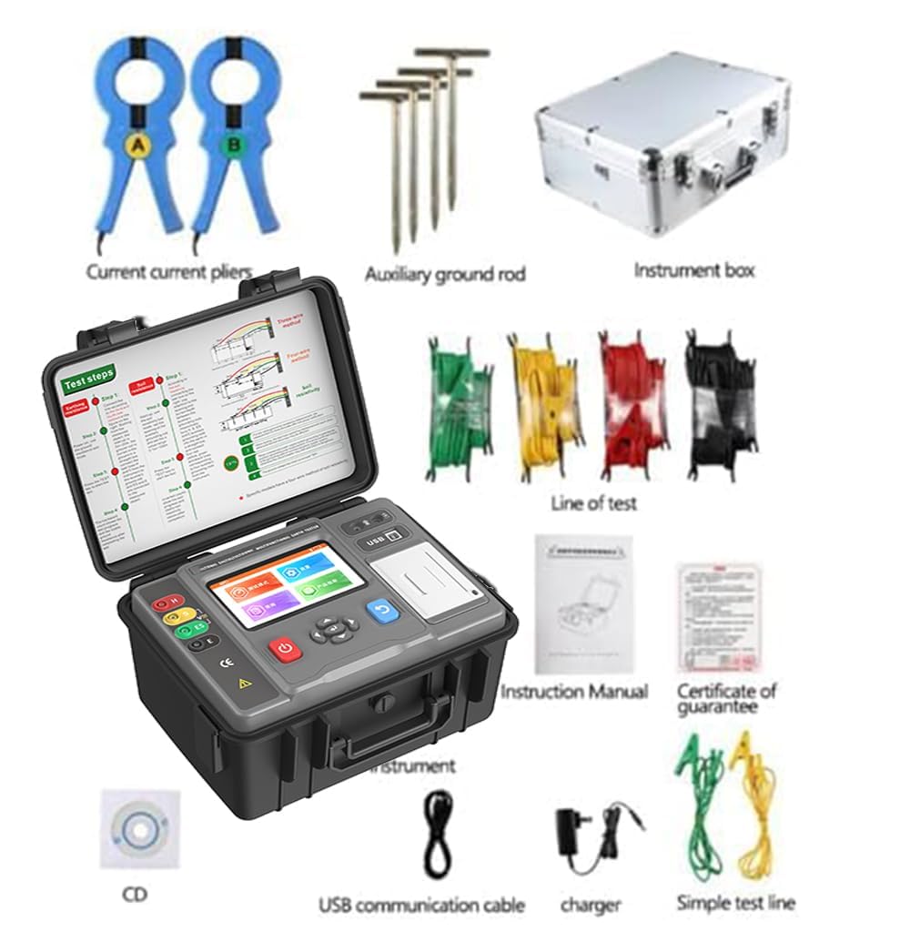 Multifunctional Grounding Soil Resistivity Tester Double Clamp Earth Resistance Tester Instrument with IEC61010-1 Standard 2 3 4 Wire Method Measurement 128Hz Frequency USB Interface