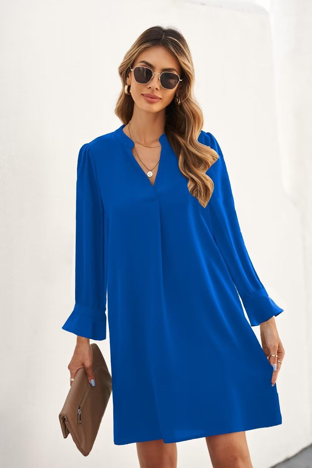 Wkior Long Sleeve Dress for Women V Neck Casual Cute Loose Flowy Swing Shift Dresses(S-2XL) - Image 3