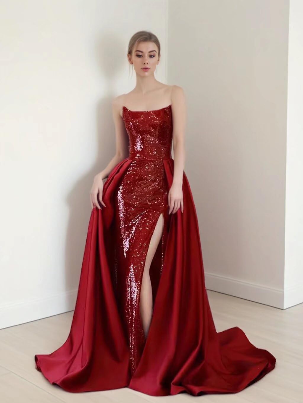 Mermaid Sequins Prom Dresses Side Slit Ball Gowns for Women Formal Strapless with Train
