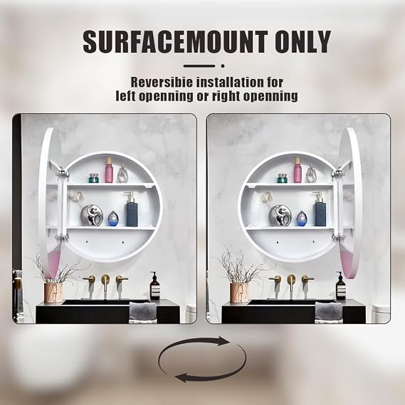 61cm Round Mirror Cabinet,Aluminum Framed,Soft Close Hinge,White