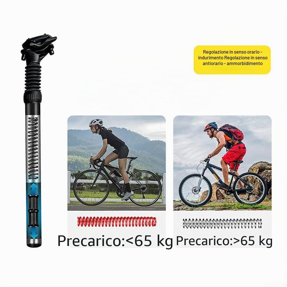 Zilimontt Reggisella ammortizzante per bicicletta, 350 mm, in lega di alluminio, con molla regolabile, per mountain bike, diametro 25,4-34,9 mm, nero