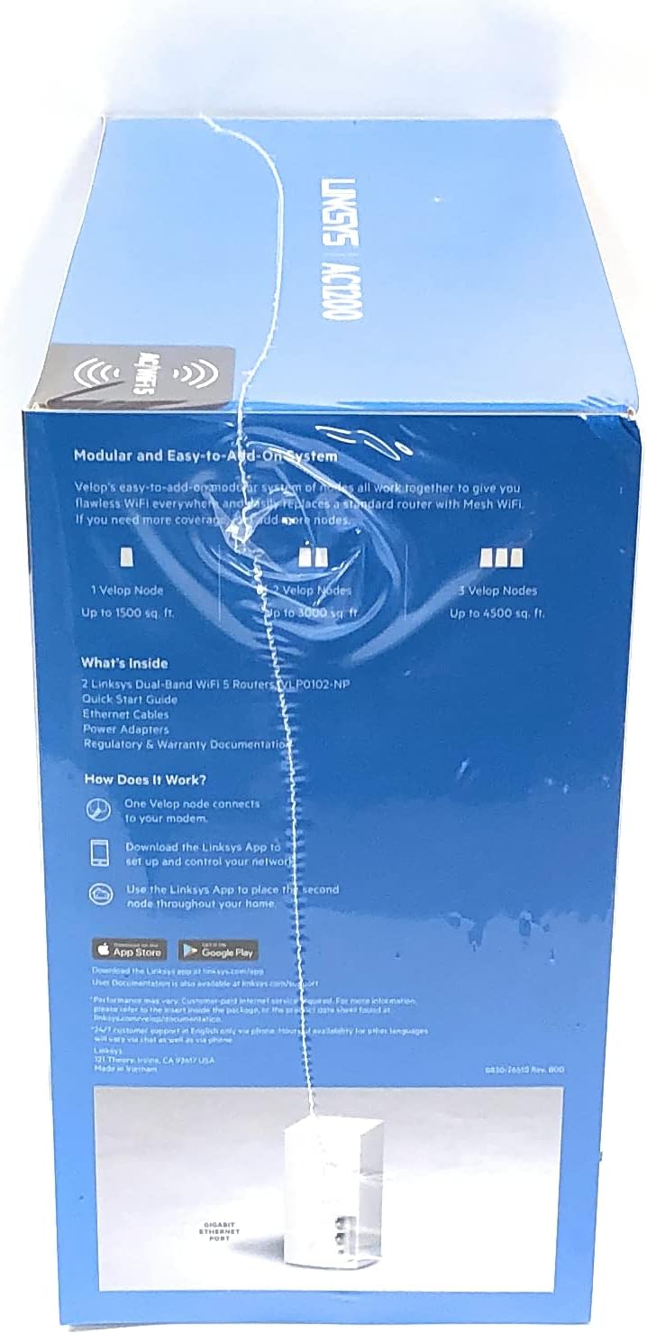 Linksys Velop Mesh Home WiFi System, 3,000 Sq. ft, 20+ Devices, 1.3Gbps - VLP0102-NP