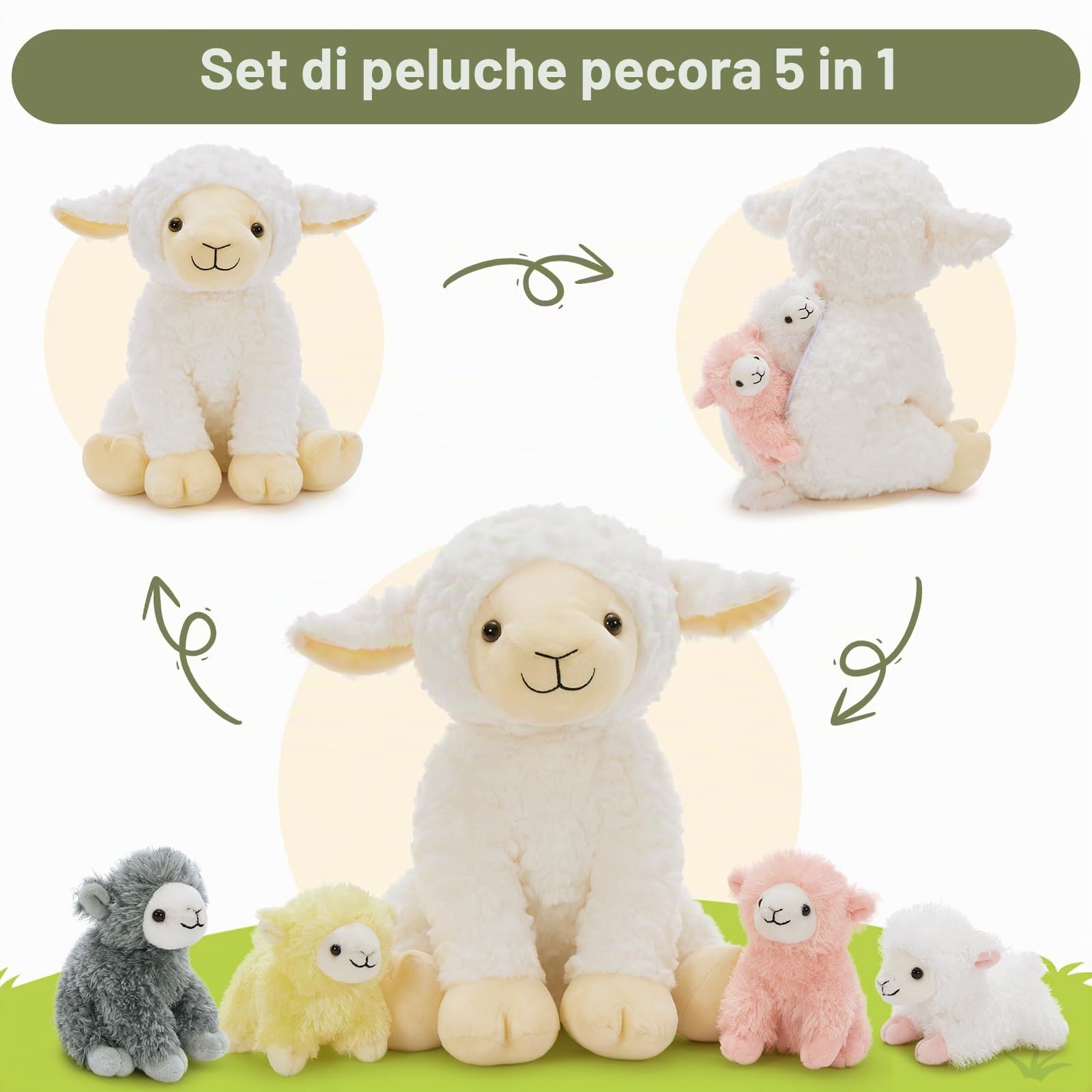 MorisMos Peluche a forma di pecora, XXL, con 4 agnello nella pancia, 35 cm, di peluche, per compleanno, Natale, per bambini e bambine