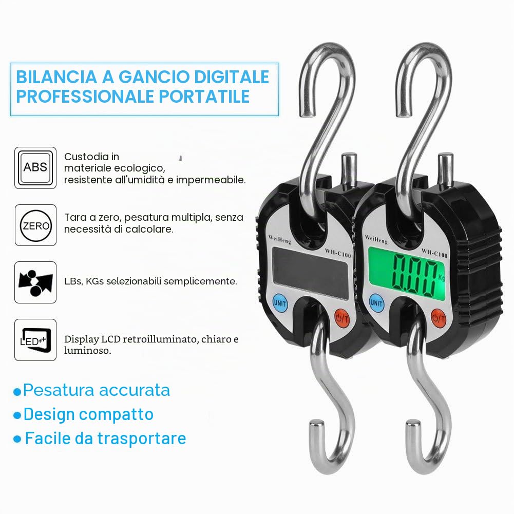 Fdit Mini Bilancia Elettronica Digitale Portatile con Gancio Display LCD Digitale Elettronico Gancio Appeso Bilance Ciclo Bilancia per Casa Azienda Agricola Caccia Esterna (Nero)