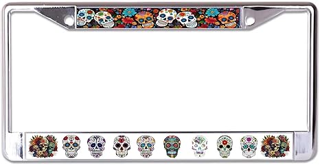 Sugar Skulls Chrome License Plate Frame