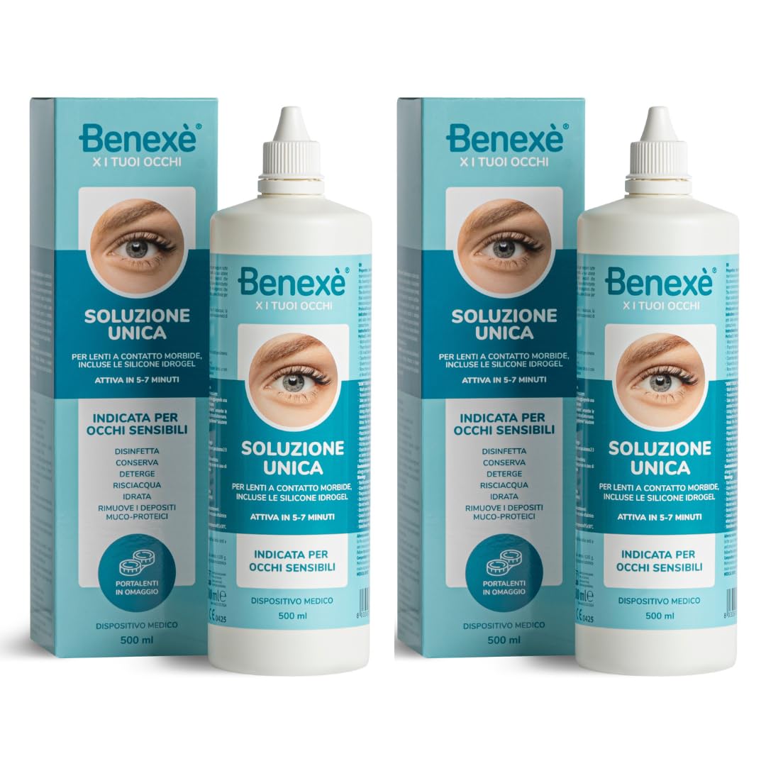 Benexè Soluzione Unica - per Lenti a Contatto morbide, incluse le Silicone Idrogel - attiva in 5-7 minuti - indicata per Occhi Sensibili - Dispositivo medico - 2 x 500 ml