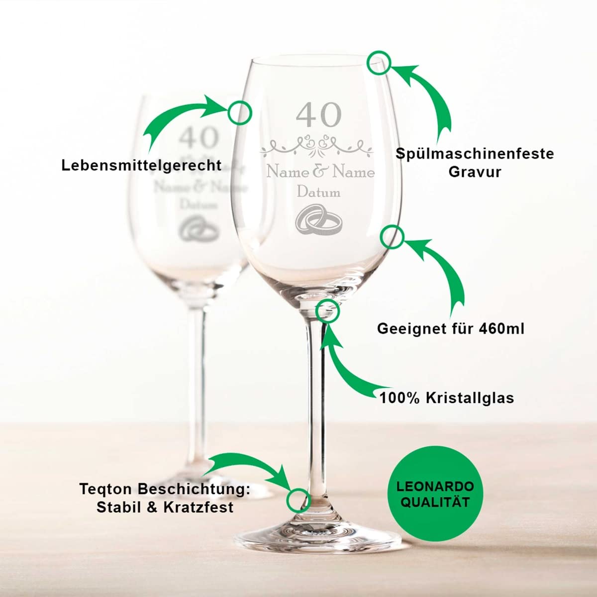 Leonardo Bicchieri da vino con incisione – Design di nozze rubino – Personalizzati con nome e data con scatola di legno – regalo per matrimonio, fidanzamento, anniversario, colore Daily