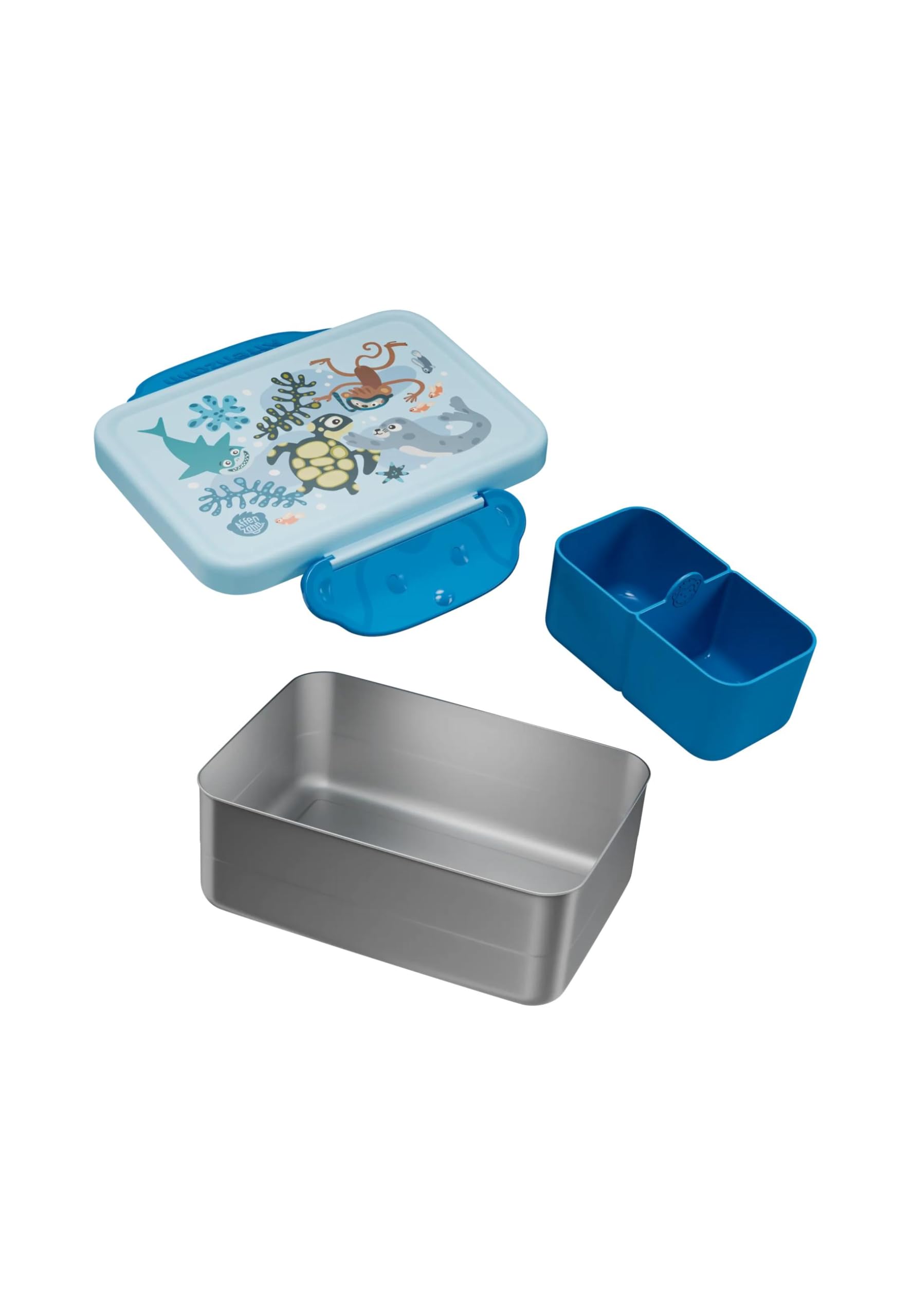 Affenzahn Portamerenda in acciaio inox con scomparto separatore, lavabile in lavastoviglie, con fantasia colorata Incredibile mondo sottomarino - Blu