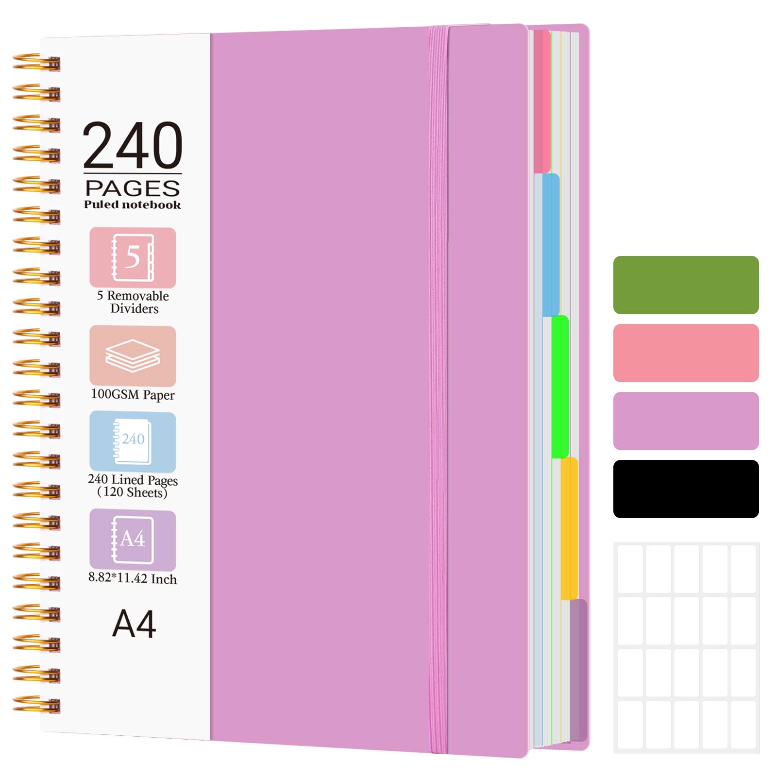 MOFELON A4 Notebook, Notepad, A4 Notebook with Dividers, 240 Pages 100GSM Thick Wirebound Spiral Notebooks for Writing, PVC Hardcover Note Book for Work Office School, 29 x 22.4cm,Purple