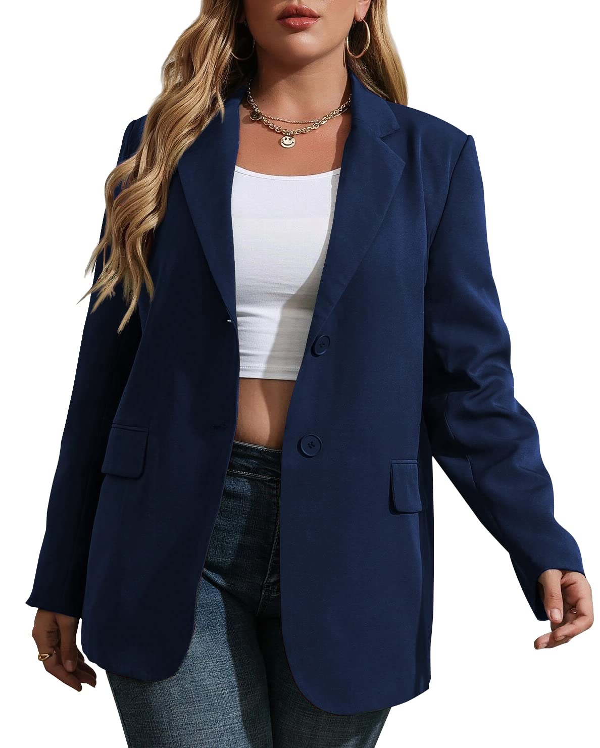 Womens Plus Size Casual Blazer Jackets Long Sleeve Open Front Buttons Work Office Lapel Blazers with Pockets