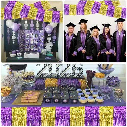 Image of BEISHIDA 3 Packs Metallic Foil Fringe Garland Purple Gold Wall Hanging Tinsel Fringe Banners for Car Floats Bridal Shower Wedding Birthday Graduation Holiday Party Decoration(30 Feet)