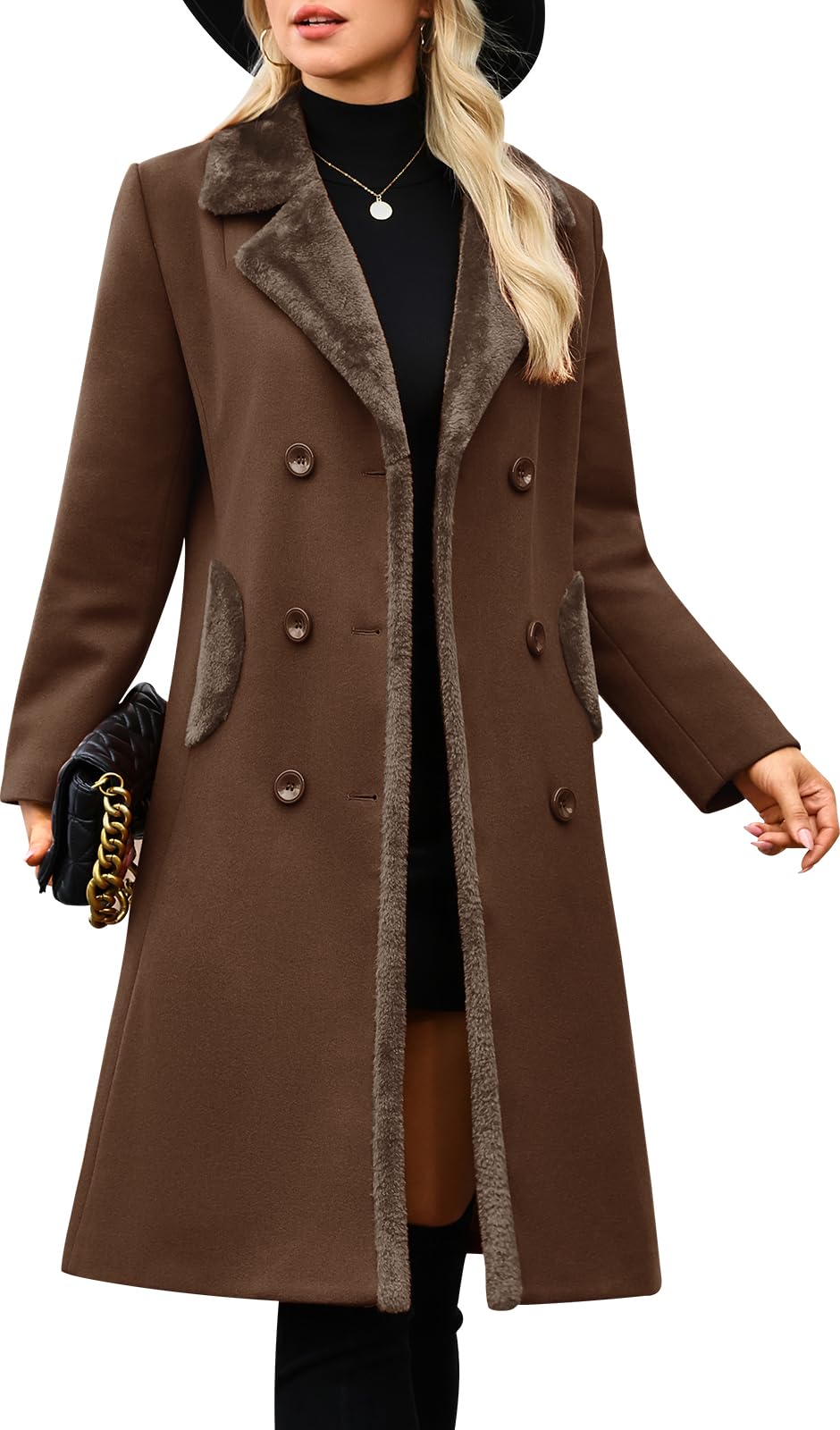 Womens Winter Coats Warm Double Breasted Pea Coat Lapel Collar Trench Coat Long Thick Slim Fit Outwear