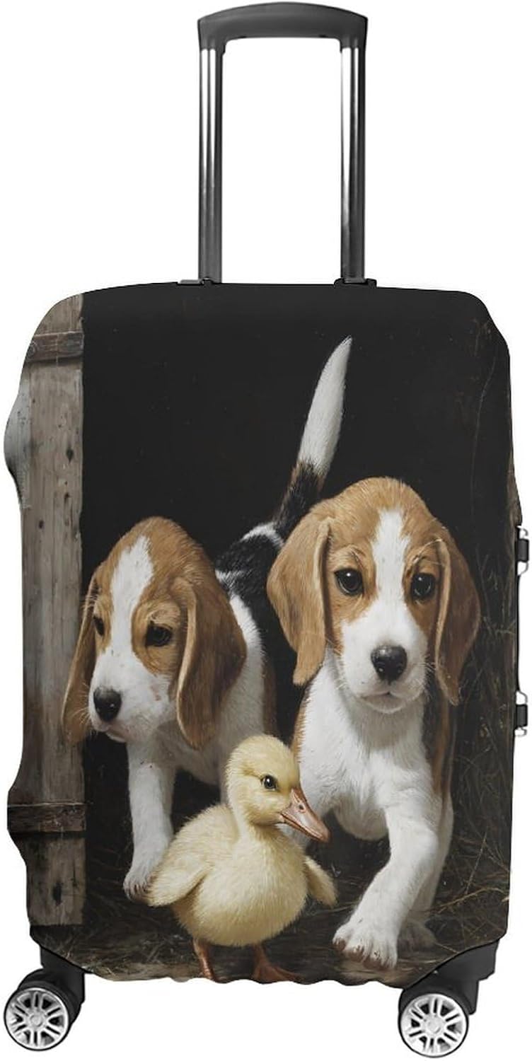 Beagle Dogs and Yellow Duck Funny Travel Luggage Case Cover Elastic Suitcase Protector Washable Baggage Covers Fits 19-32 Inch