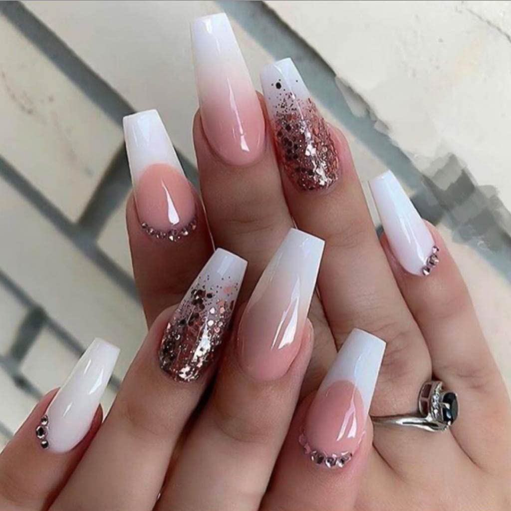 Amazon.com: RikView Long Press on Nails French Fake Nails with Sequins  Coffin Acrylic Nails with Rhinestones Luxury Pink Nails : Beauty & Personal  Care