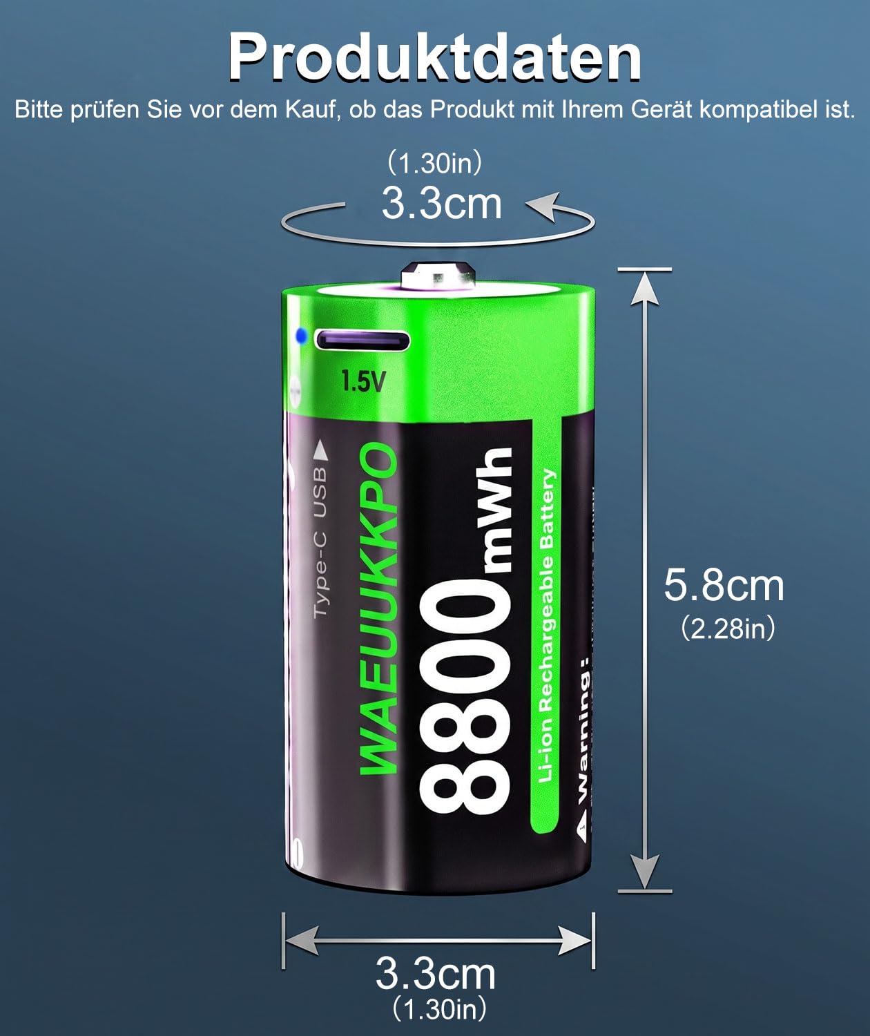 Batteria ricaricabile D, 8800 mWh, batterie al litio ad alta capacità, con cavo di ricarica USB-C, 1,5 V, dimensione D, LR20, batteria di ricambio per torcia, fotocamera, proiettore giocattolo (6