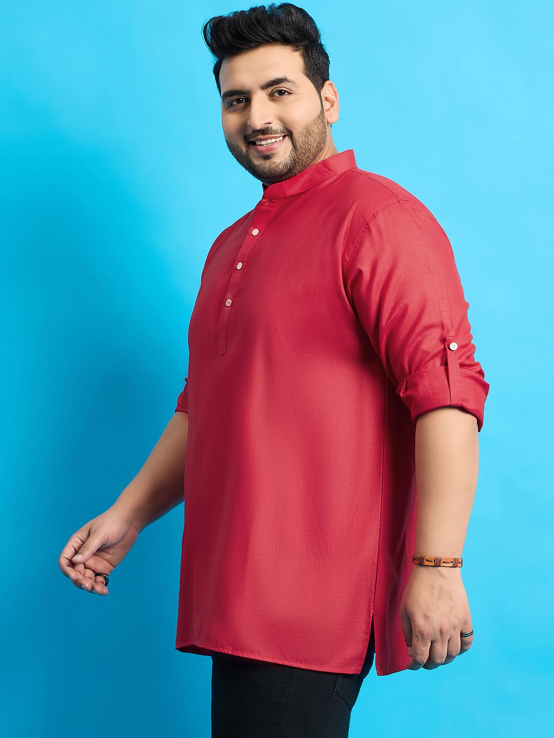 Bigbanana Plus Size Men's Regular Fit Solid Short Kurta (Pollan-Red,Red,7Xl)
