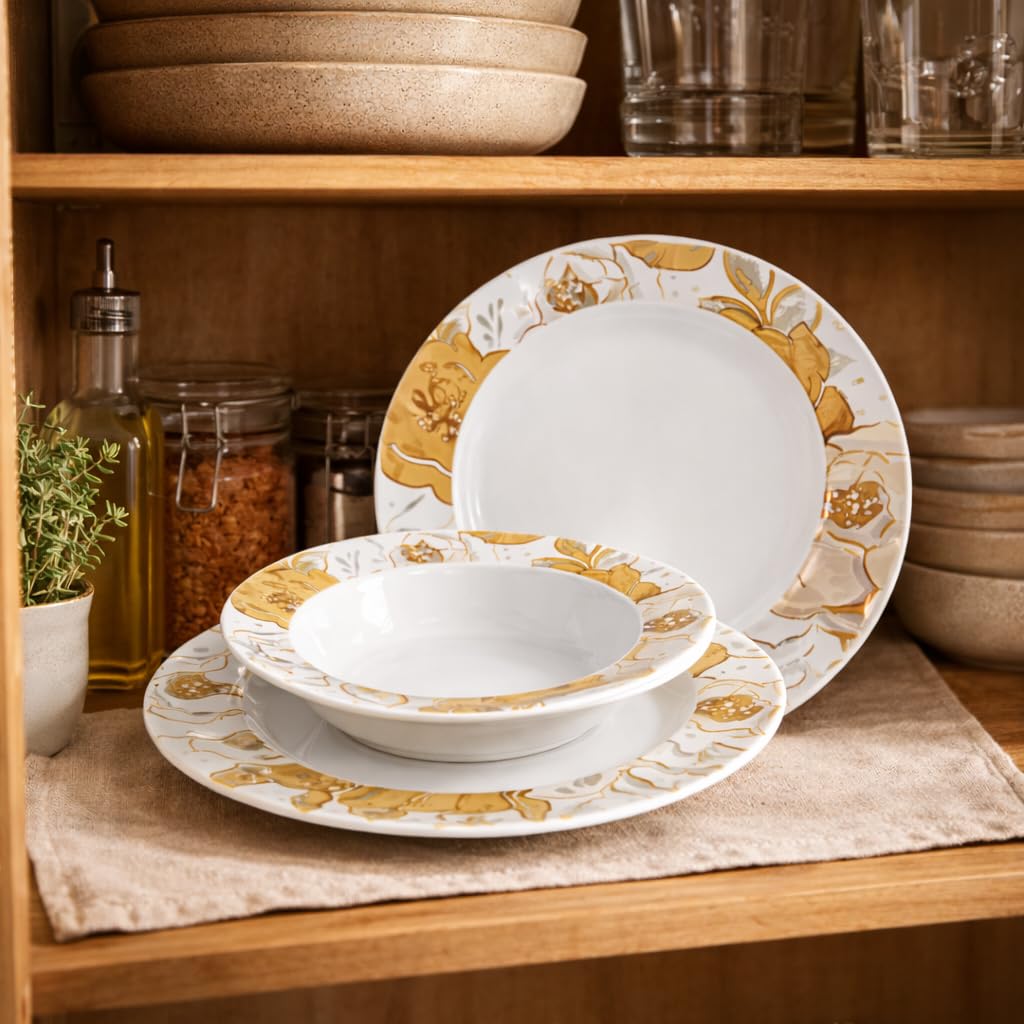Servizio Piatti 18 Pezzi in Porcellana Lux, Set Tavola 6 Coperti 6 Piani 6 Fondi 6 Dessert Con Decorazione - (Fiori Oro)