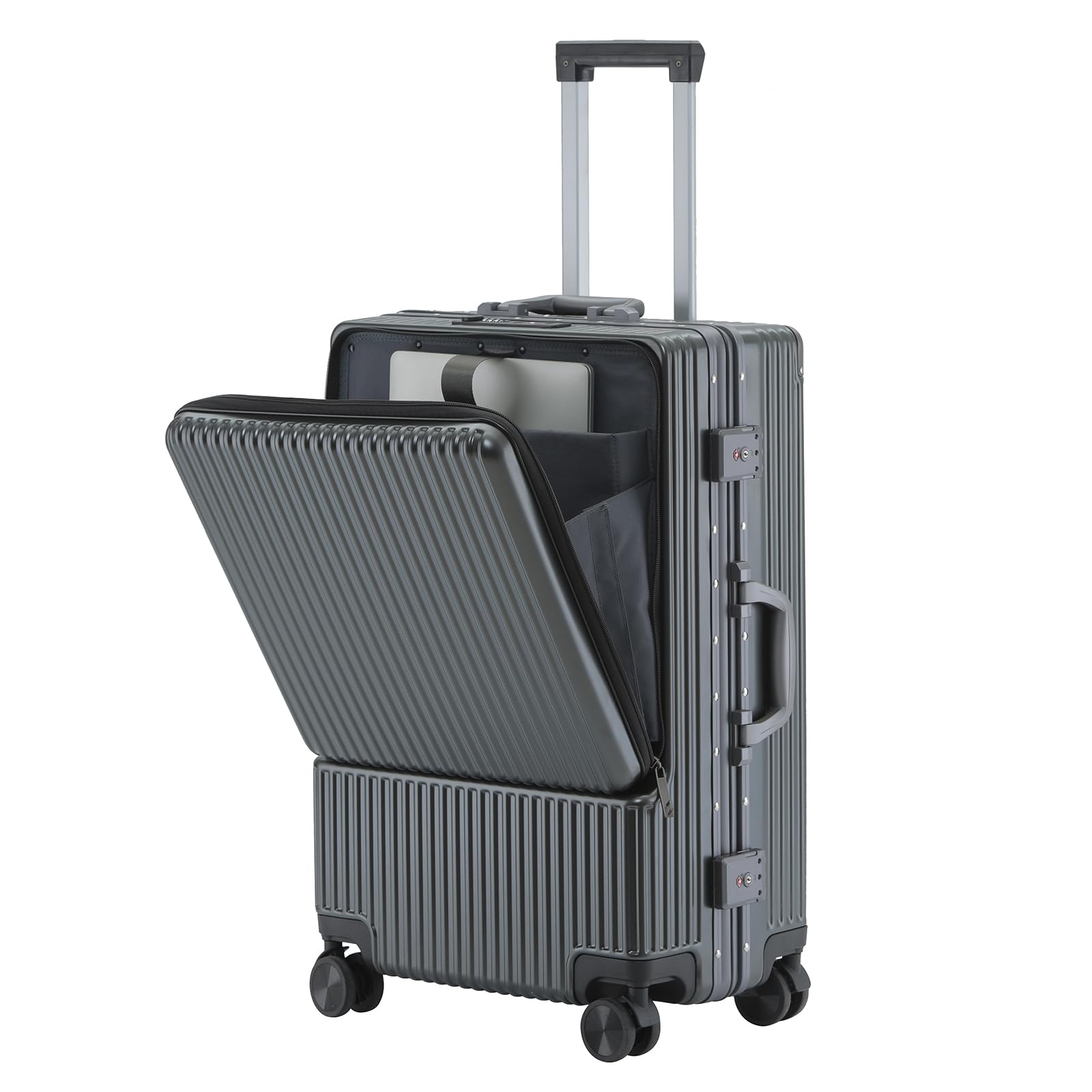 YUNASAY Front Compartment Aluminum Frame Carry on Luggage 22x14x9 Airline Approved,Usb Port, and TSA Lock, PC+ ABS suitcases with wheels(Gray, 20 inch)