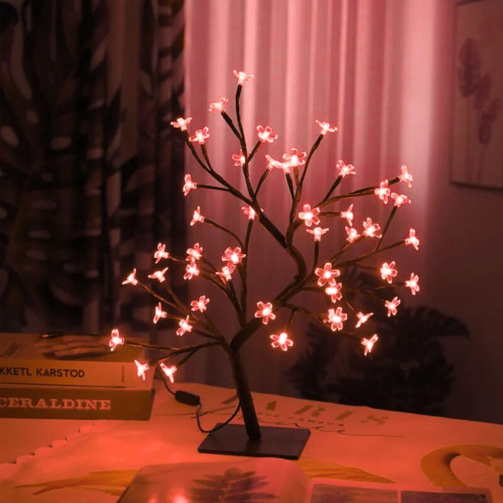 KHIZAR Bed Side Artificial Tree Lamp Cherry Blossom Silicone Flower 28 Led Lights Ramadan Festival Home Decor Eid Festival Room Decoration (Red Color) 1
