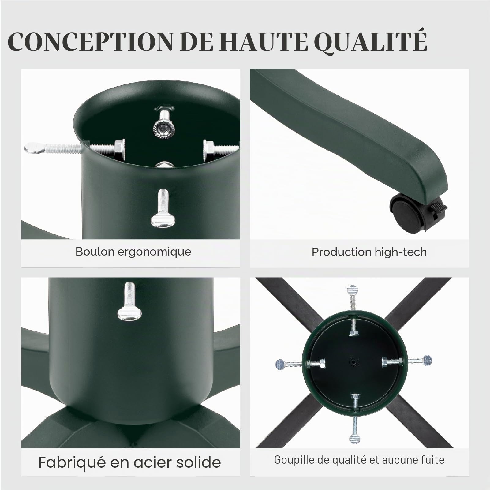 Support de sapin de Noël pour sapins et pins vivants avec réservoir d'eau et roues roulantes, base en métal robuste avec pieds en plastique, support de tronc réglable, décoration de fêtes – Vert