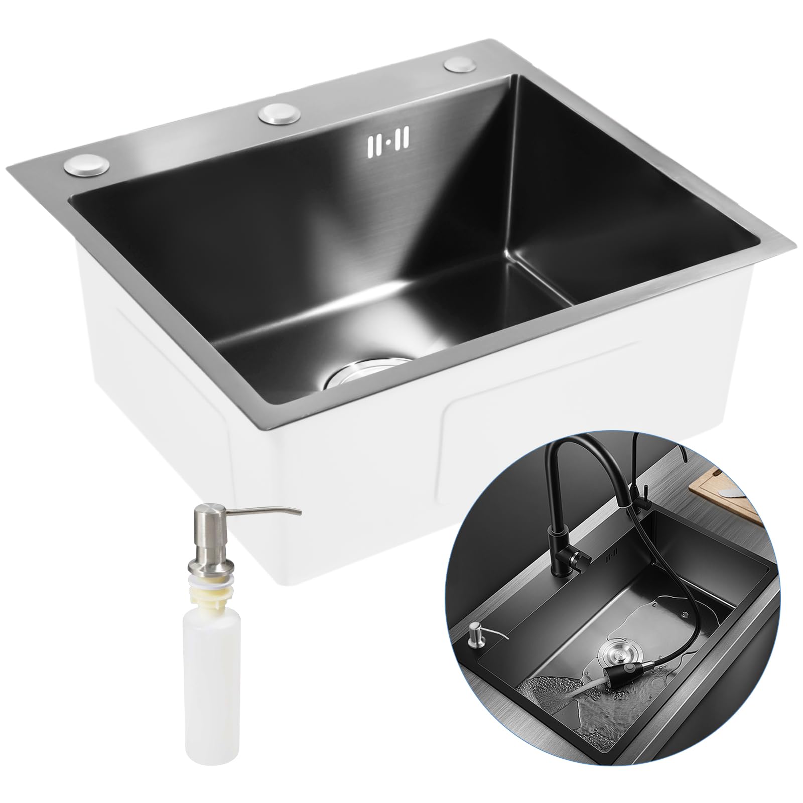 Fregadero de cocina, 50 x 45 x 20 cm, acero inoxidable, empotrable, con tubo de drenaje, dispensador de jabón, cesta colador, línea de guía de agua en forma de X, fregadero multifuncional, negro