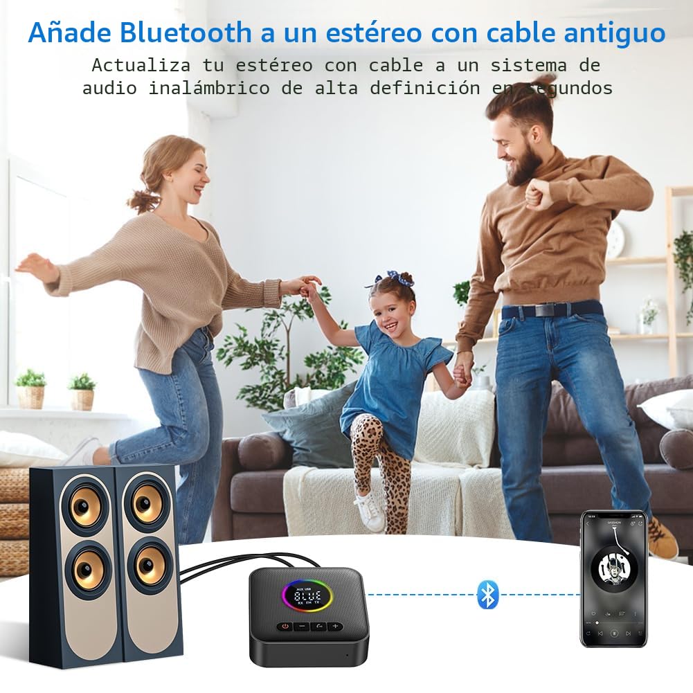 AXFEE USB Bluetooth 5.4 HiFi Receptor y Transmisor Adaptador 2 en 1, Salidas 3.5mm Jack y RCA,con Modo de Graves, para Estéreo/Altavoz/Teléfono/PC/Tableta/Portátil