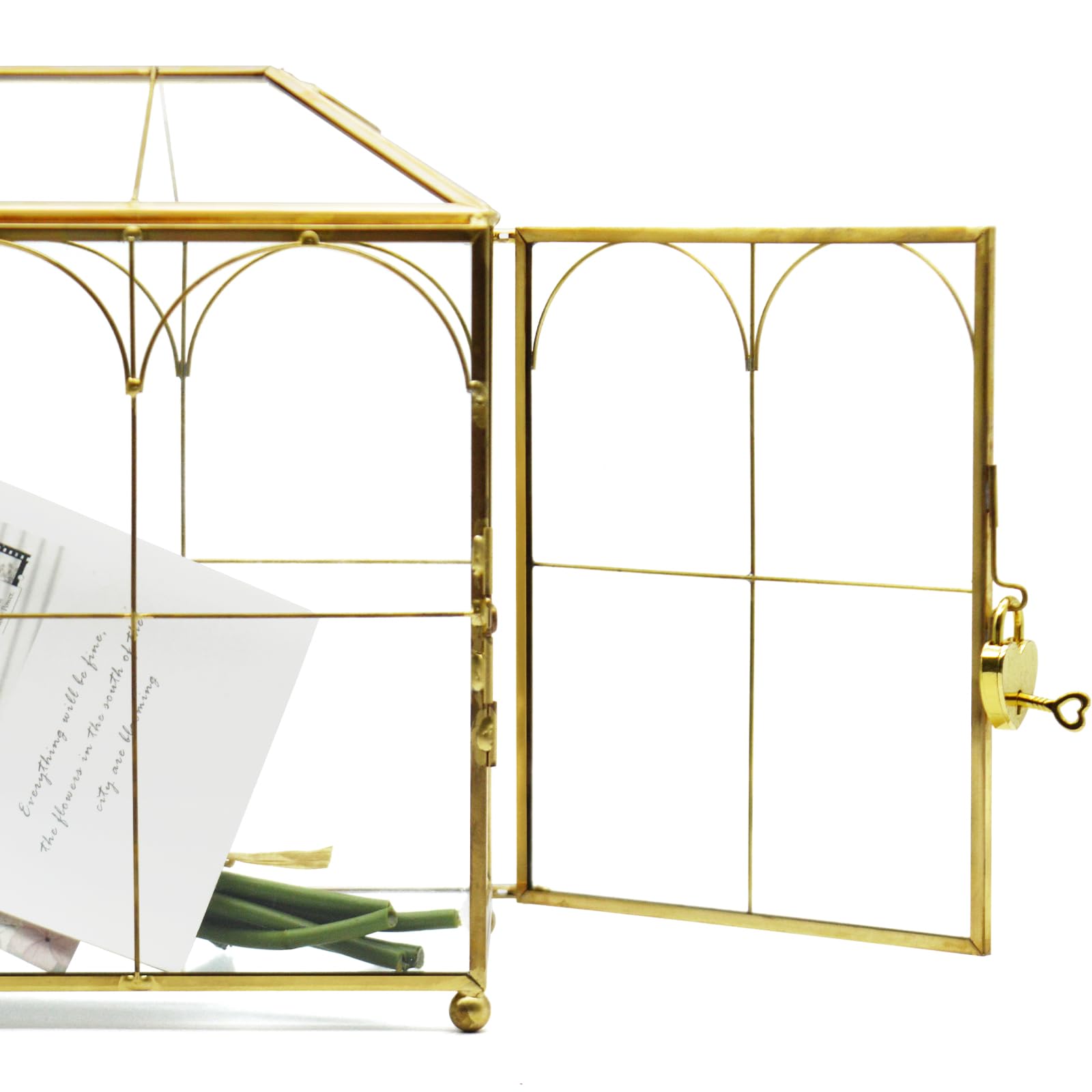 Caja grande de tarjetas dorada y de cristal para boda con cerradura y ranura, soporte para tarjetas de boda para recepción, caja de cerradura transparente con llave, geométrica, hecha a mano