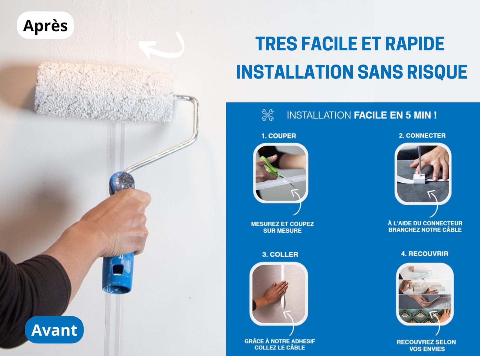 Câble électrique invisible ultra plat 5M 230V/16A – 3 LIGNES - disparaît sous peinture, papier peint, carrelage… Fini les goulottes passe câble…