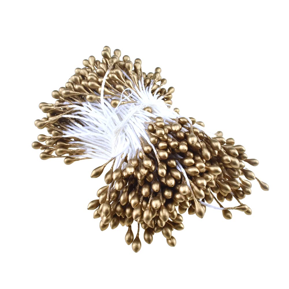 HAHIYO 700Pcs 3mm Gold Pearl Double Heads Flower Stamen Pistil Hand-Made Artificial Flower Pistil para Flores Pearlized Floral Stamen Flower Pollens Stamen for Flower Making Scrapbook Decoration-image-6