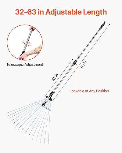 Miniatura 4 de VEVOR Rastrillo de hojas, 15 dientes de metal, rastrillo de jardín ajustable para césped con cabeza de 7.5 a 22.4 pulgadas de ancho y mango largo de