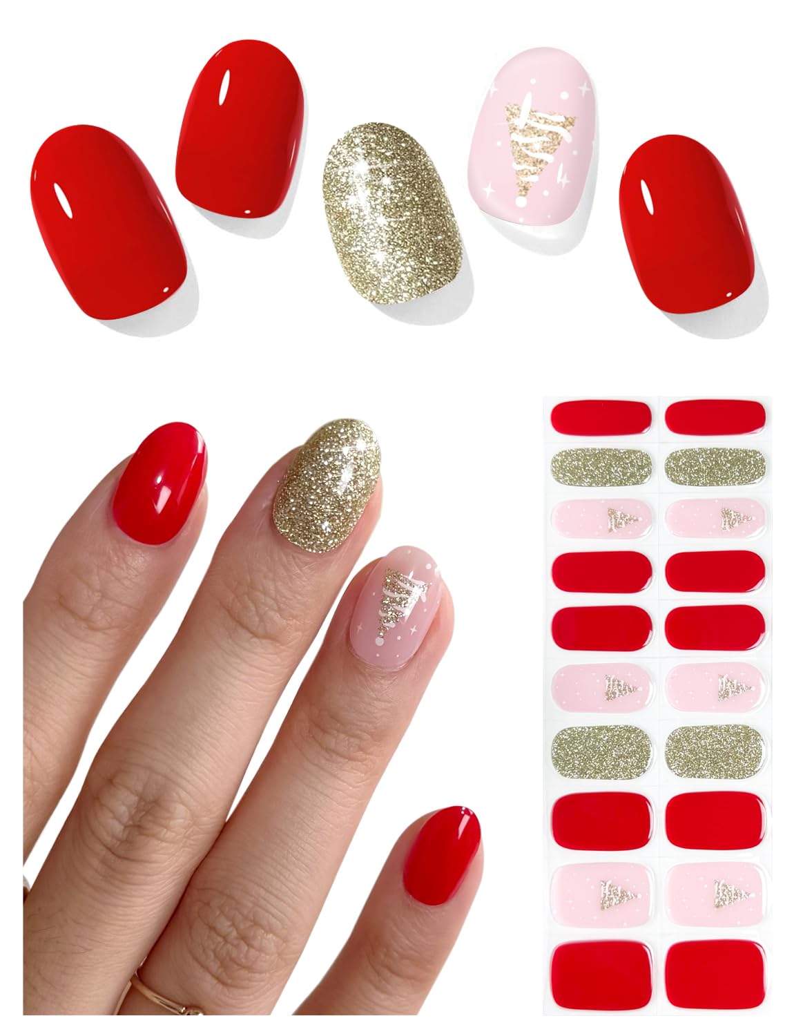 AutyaMee Lot de 20 bandelettes de gel semi-durcies (rouge douillet), sapin de Noël, autocollants, qualité salon, durable, fonctionne avec toutes les lampes UV