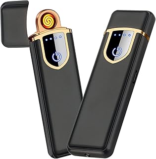 Electronic Lighter, Cool USB Rechargeable Lighter LED Battery Indicator Flameless Lighter, Windproof Plasma Lighter for Men, Touch Ignition Cycle Charging Lighter Boyfriends Father Gifts-Black