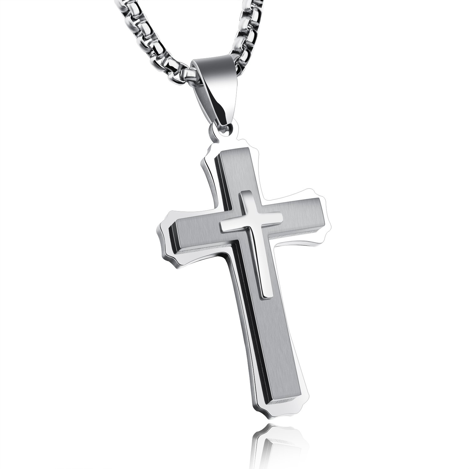 INSEAClassic Cross Necklace for Men Boy Silver Black Gold Stainless Steel Christ Cross Crucifix Pendant Necklace Religious Jewelry Gift Box Chain 21.6 Inches